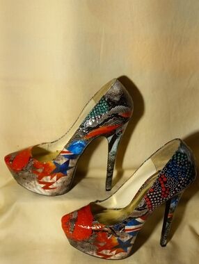 Bumper Multicolor Platform Stiletto Pumps with Red & Blue Accents